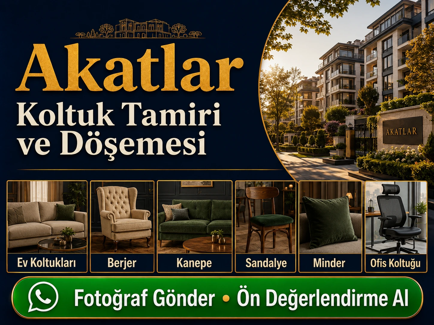 Akatlar koltuk tamiri ve döşemesi için ev koltukları, berjer, kanepe, sandalye, minder ve ofis koltuğu yenileme hizmeti