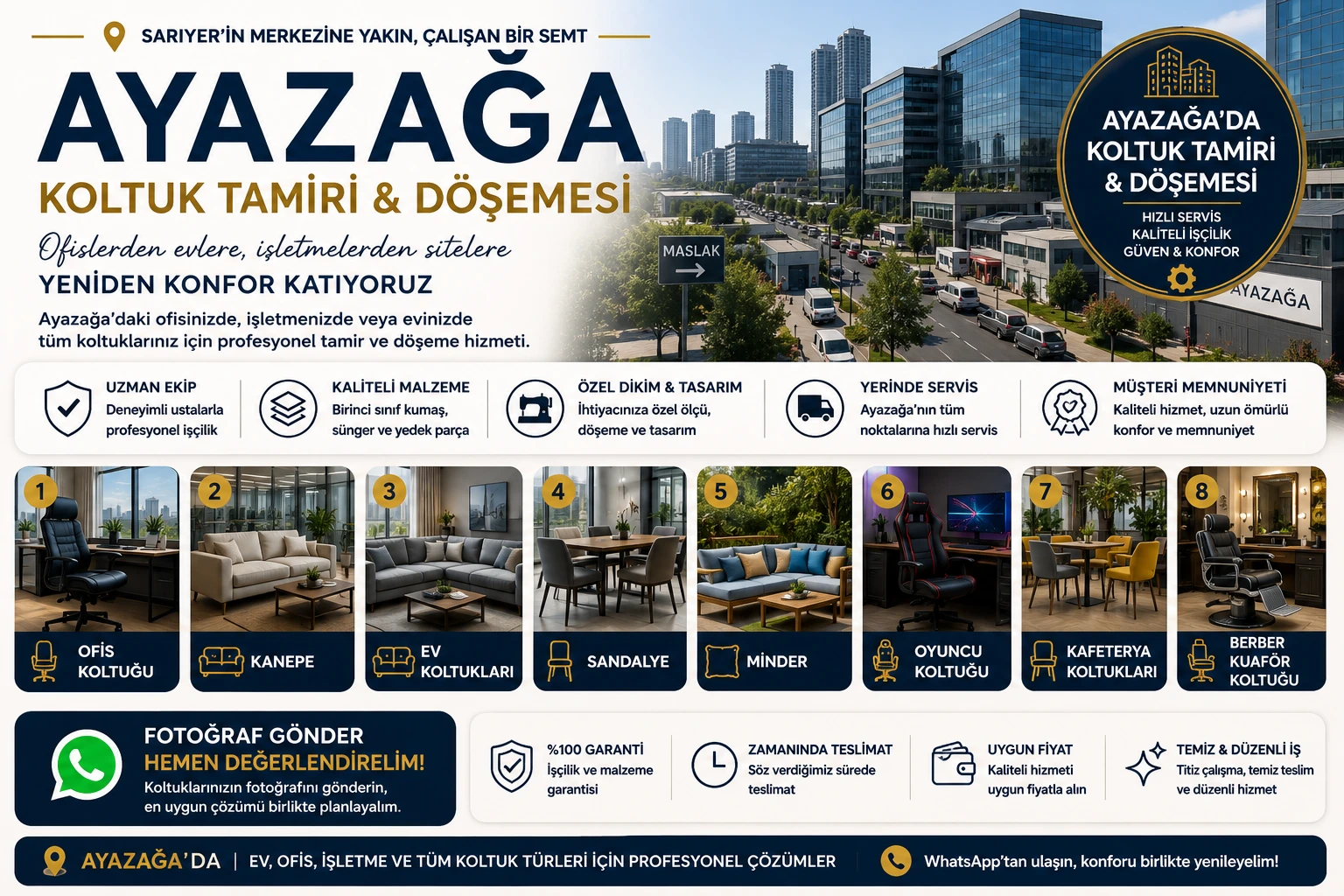 Ayazağa koltuk tamiri ve döşemesi için ofis koltuğu, kanepe, ev koltukları, sandalye, minder, oyuncu koltuğu, kafeterya koltukları, berber ve kuaför koltuğu yenileme hizmeti