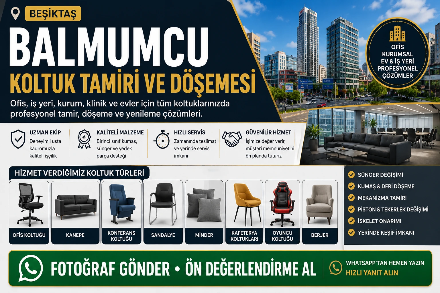Balmumcu koltuk tamiri ve döşemesi için ofis koltuğu, kanepe, konferans koltuğu, sandalye, minder, kafeterya koltukları, oyuncu koltuğu ve berjer yenileme hizmeti