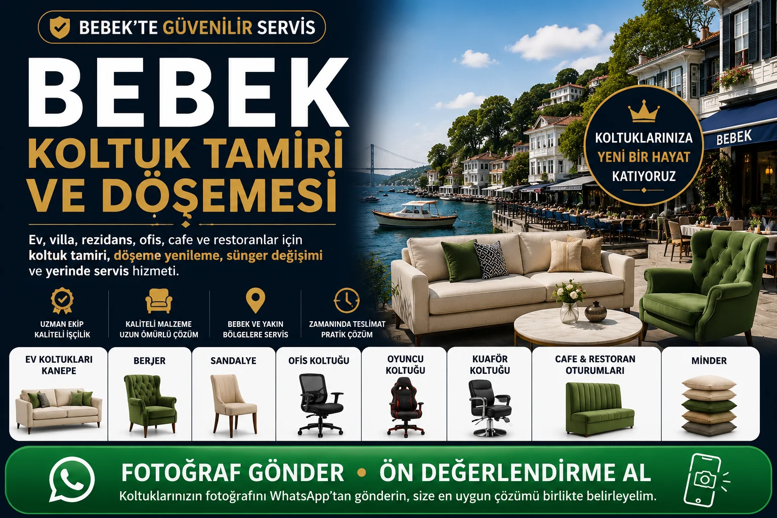 Bebek koltuk tamiri ve döşemesi için ev koltukları, berjer, kanepe, sandalye, minder, ofis koltuğu ve cafe restoran oturumları yenileme hizmeti