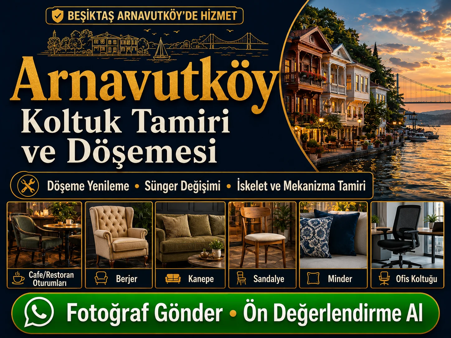 Beşiktaş Arnavutköy koltuk tamiri ve döşemesi için cafe restoran oturumları, berjer, kanepe, sandalye, minder ve ofis koltuğu yenileme hizmeti