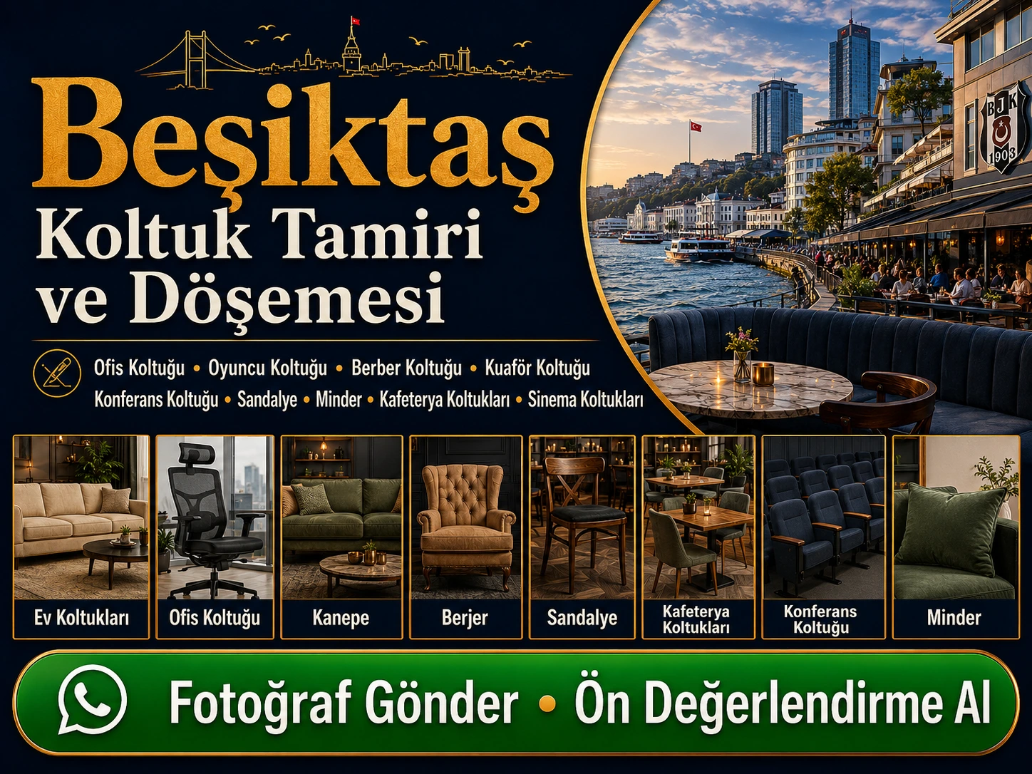 Beşiktaş koltuk tamiri ve döşemesi için ev koltukları, ofis koltuğu, oyuncu koltuğu, berber koltuğu, kuaför koltuğu, konferans koltuğu, sandalye, minder, kafeterya koltukları, sinema koltukları, berjer ve kanepe yenileme hizmeti