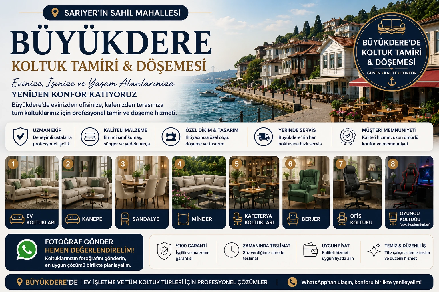Büyükdere koltuk tamiri ve döşemesi için ev koltukları, kanepe, sandalye, minder, kafeterya koltukları, berjer, ofis koltuğu ve oyuncu koltuğu yenileme hizmeti
