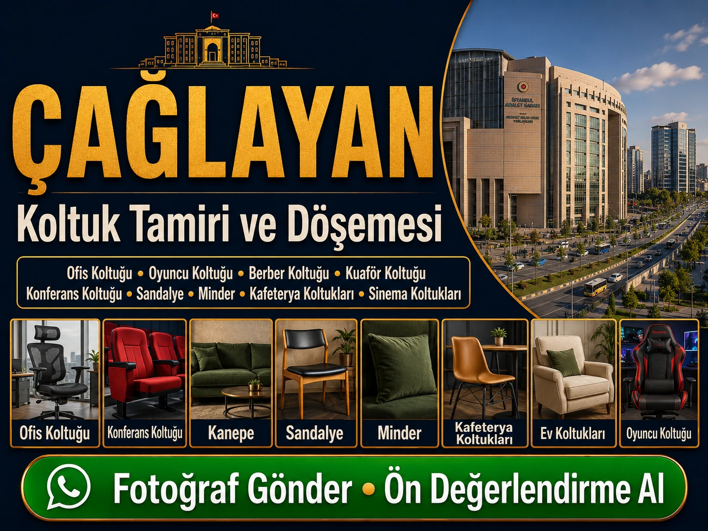 Çağlayan koltuk tamiri ve döşemesi için ofis koltuğu, kanepe, sandalye, ev koltukları, minder, kafeterya koltukları, oyuncu koltuğu, berber ve kuaför koltuğu yenileme hizmeti
