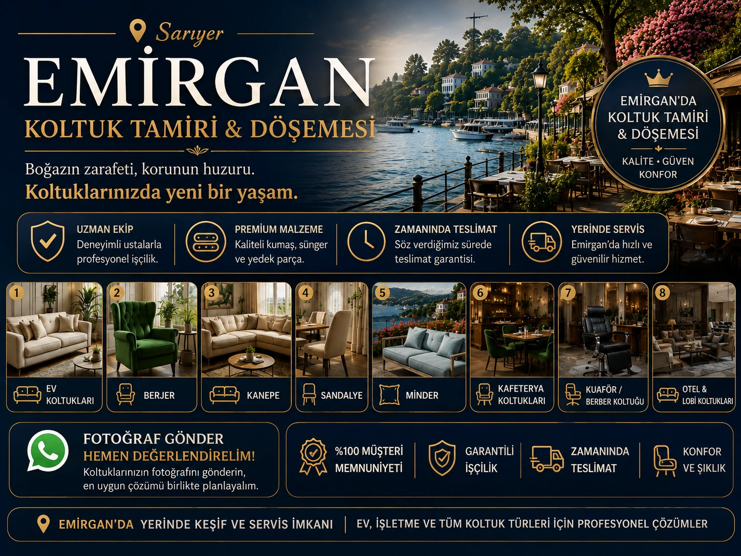 Emirgan koltuk tamiri ve döşemesi için ev koltukları, berjer, kanepe, sandalye, minder, kafeterya koltukları, kuaför berber koltuğu ve otel lobi koltukları yenileme hizmeti