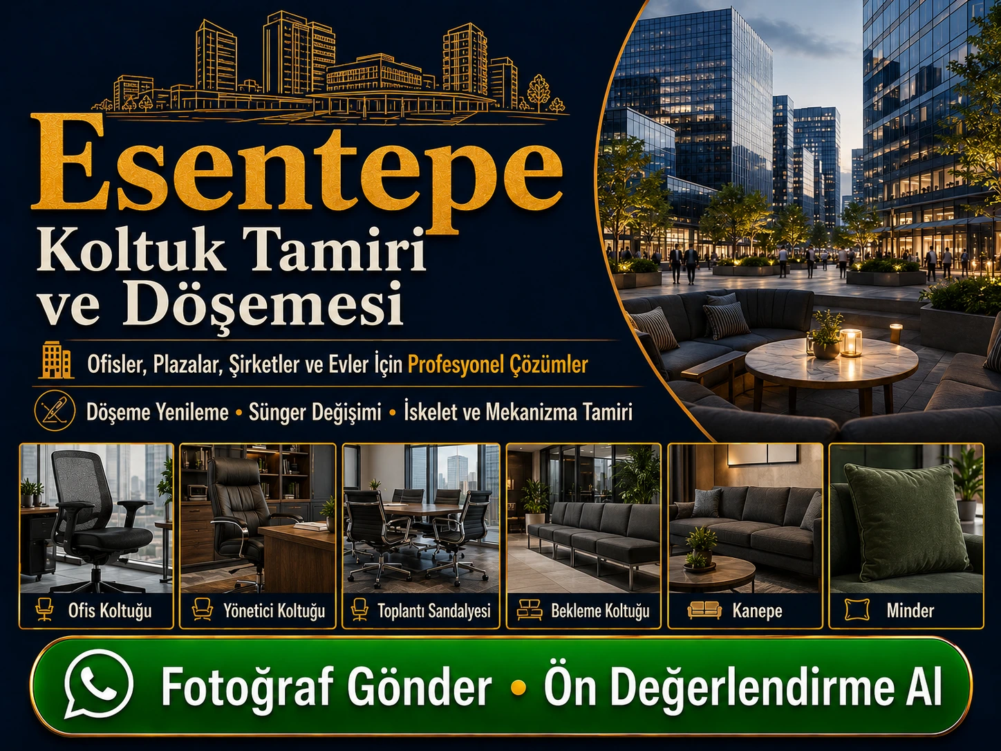 Esentepe koltuk tamiri ve döşemesi için ofis koltuğu, yönetici koltuğu, toplantı sandalyesi, bekleme koltuğu ve kanepe yenileme hizmeti