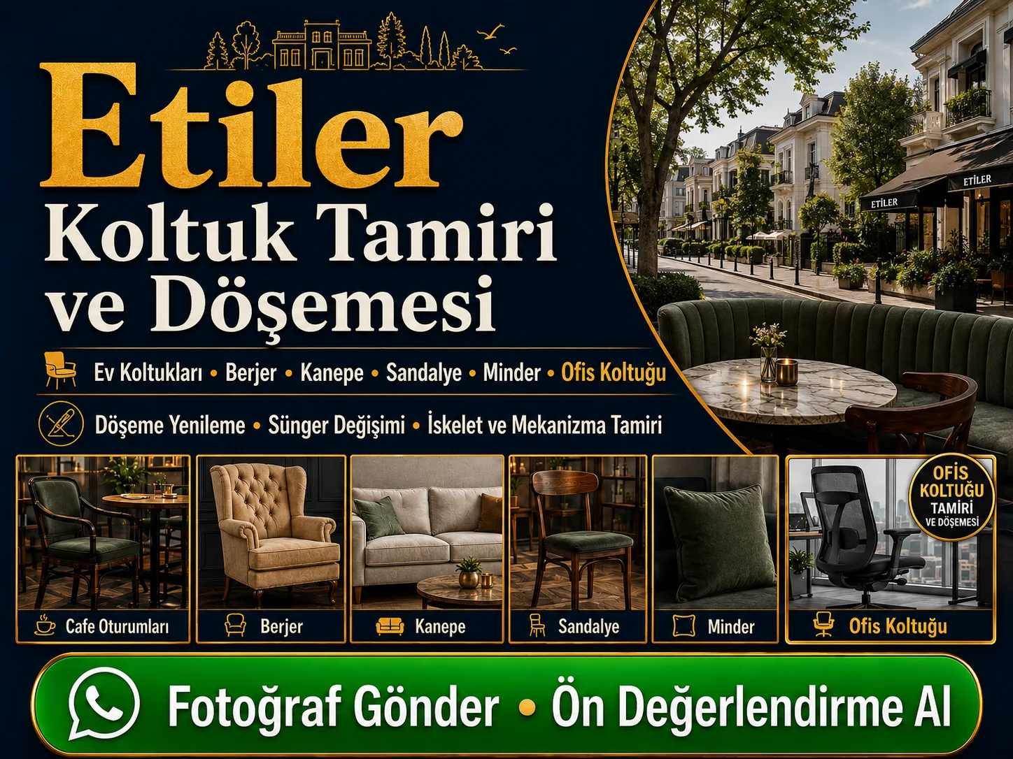 Etiler koltuk tamiri ve döşemesi için ev koltukları, berjer, kanepe, sandalye, minder, ofis koltuğu ve cafe restoran oturumları yenileme hizmeti
