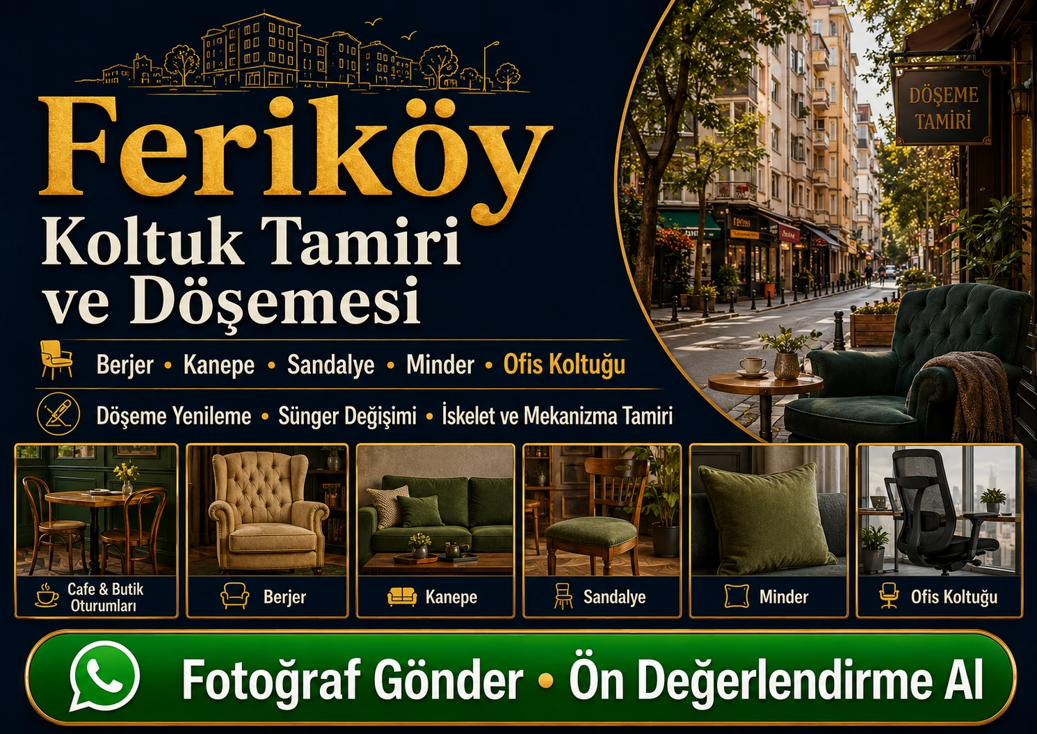Feriköy koltuk tamiri ve döşemesi için cafe oturumları, berjer, kanepe, sandalye, minder ve ofis koltuğu yenileme hizmeti