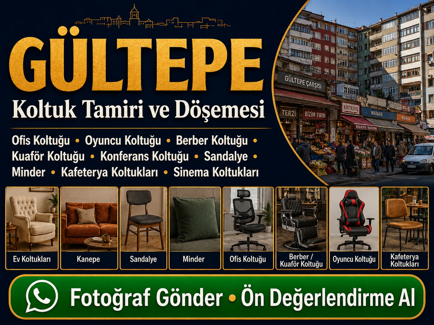Gültepe koltuk tamiri ve döşemesi için ev koltukları, kanepe, sandalye, minder, ofis koltuğu, berber kuaför koltuğu, oyuncu koltuğu ve kafeterya koltukları yenileme hizmeti