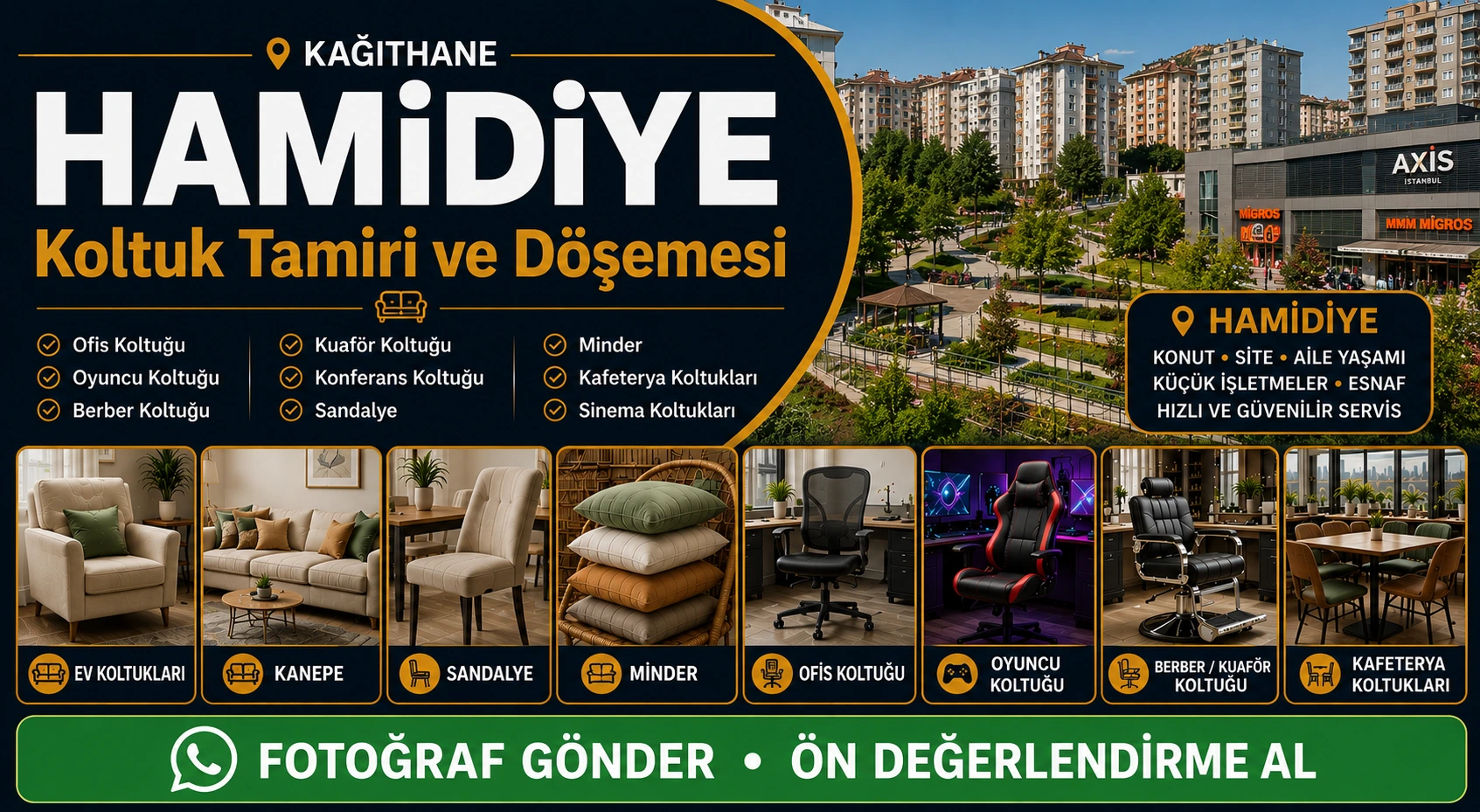 Hamidiye koltuk tamiri ve döşemesi için ev koltukları, kanepe, sandalye, minder, ofis koltuğu, oyuncu koltuğu, berber kuaför koltuğu ve kafeterya koltukları yenileme hizmeti