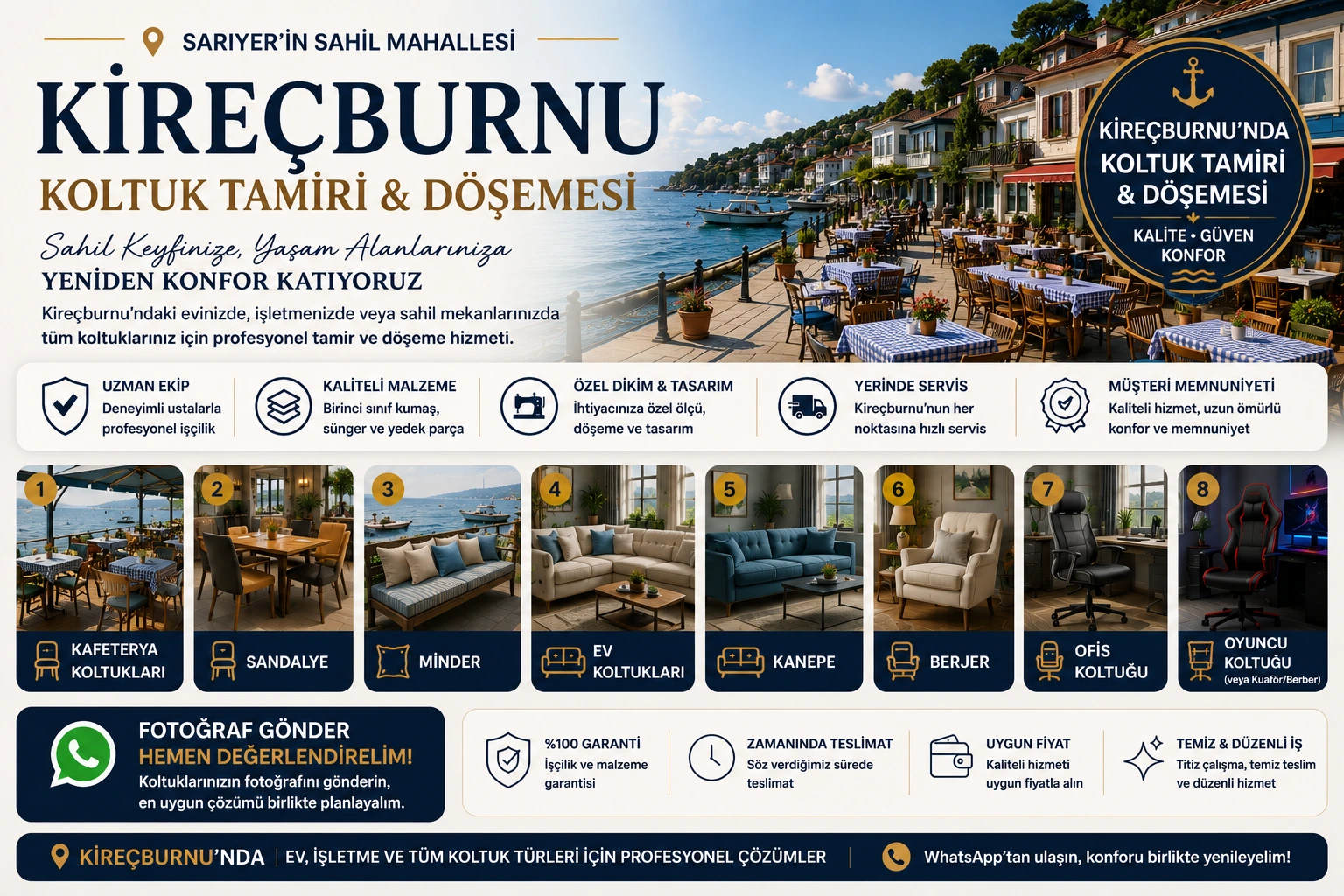 Kireçburnu koltuk tamiri ve döşemesi için kafeterya koltukları, sandalye, minder, ev koltukları, kanepe, berjer, ofis koltuğu ve oyuncu koltuğu yenileme hizmeti