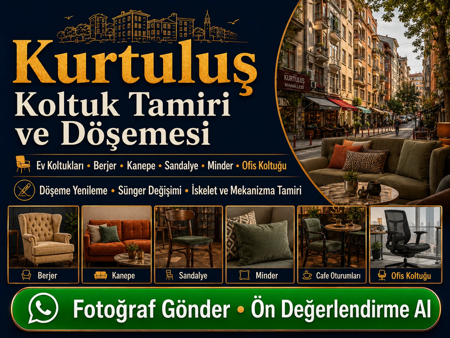 Kurtuluş koltuk tamiri ve döşemesi için ev koltukları, berjer, kanepe, sandalye, minder, cafe oturumları ve ofis koltuğu yenileme hizmeti