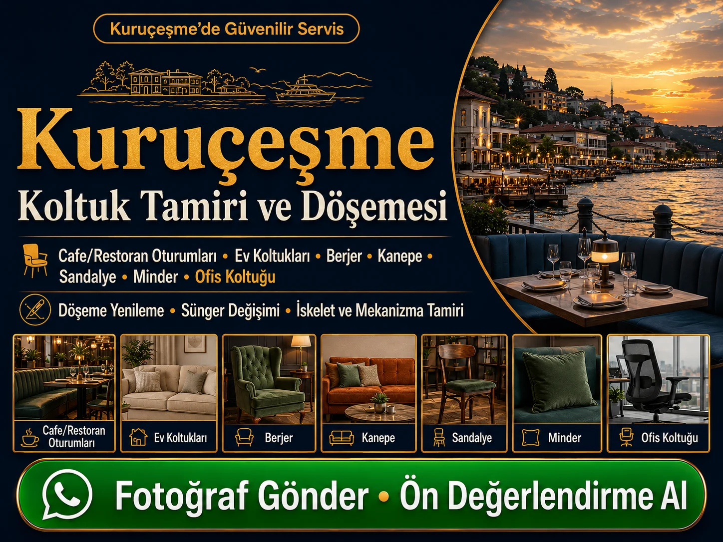 Kuruçeşme koltuk tamiri ve döşemesi için cafe restoran oturumları, ev koltukları, berjer, kanepe, sandalye, minder ve ofis koltuğu yenileme hizmeti