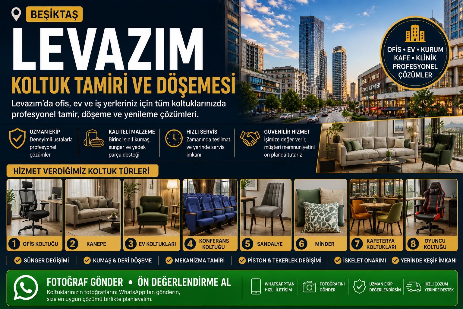 Levazım koltuk tamiri ve döşemesi için ofis koltuğu, kanepe, ev koltukları, konferans koltuğu, sandalye, minder, kafeterya koltukları ve oyuncu koltuğu yenileme hizmeti