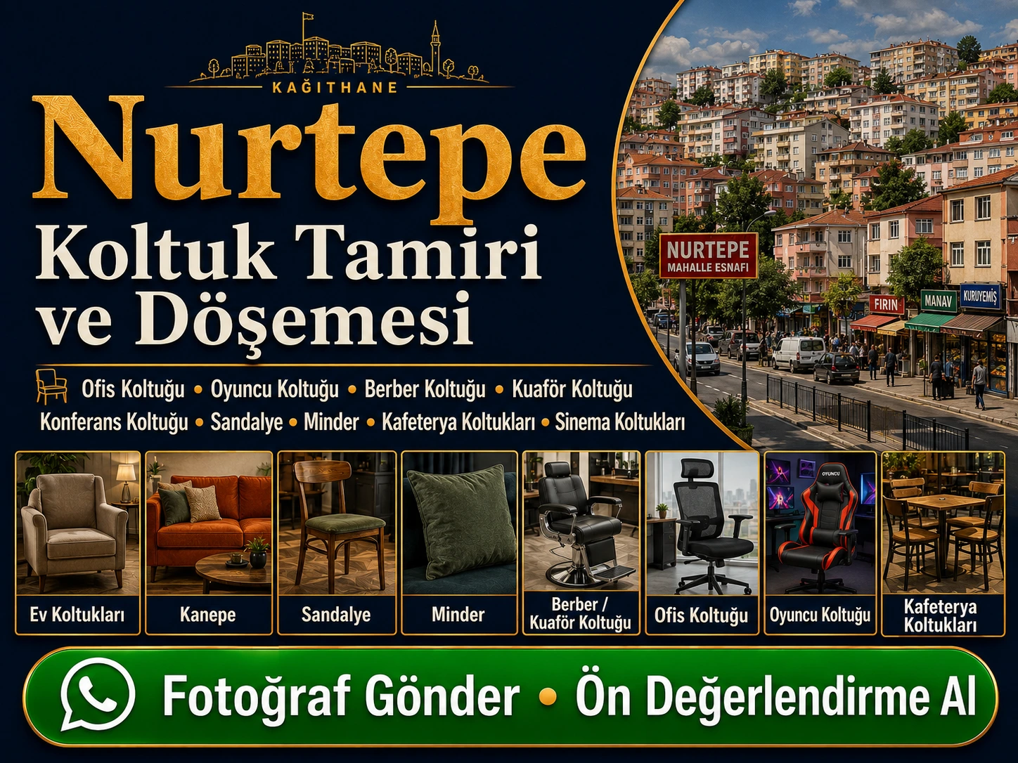 Nurtepe koltuk tamiri ve döşemesi için ev koltukları, kanepe, sandalye, minder, berber kuaför koltuğu, ofis koltuğu, oyuncu koltuğu ve kafeterya koltukları yenileme hizmeti