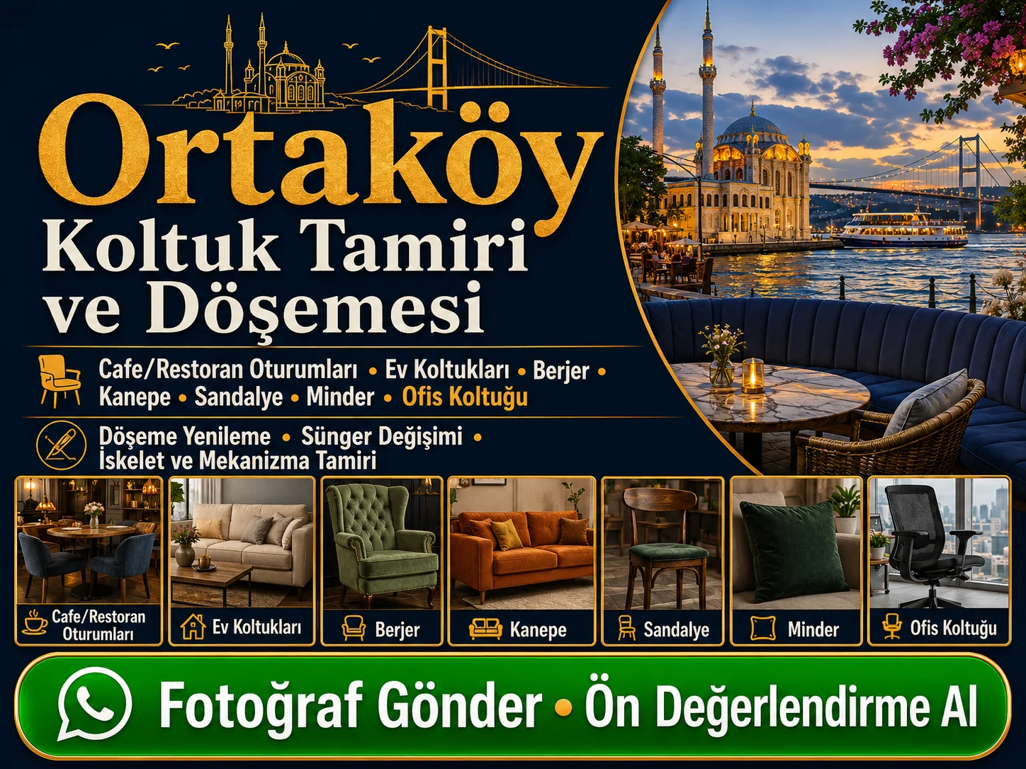 Ortaköy koltuk tamiri ve döşemesi için cafe restoran oturumları, ev koltukları, berjer, kanepe, sandalye, minder ve ofis koltuğu yenileme hizmeti