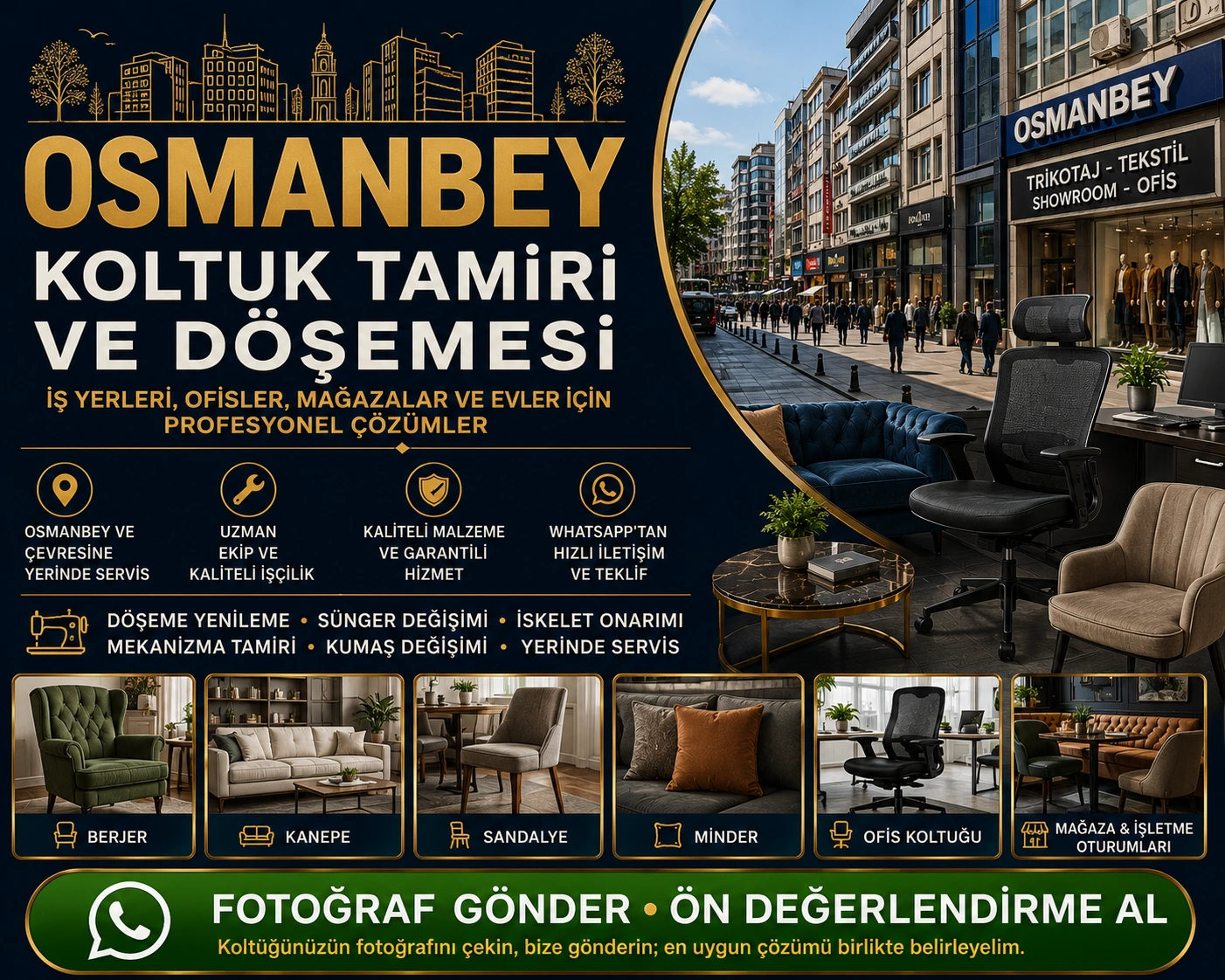 Osmanbey koltuk tamiri ve döşemesi için ofis koltuğu, mağaza oturumu, sandalye, kanepe ve berjer yenileme hizmeti