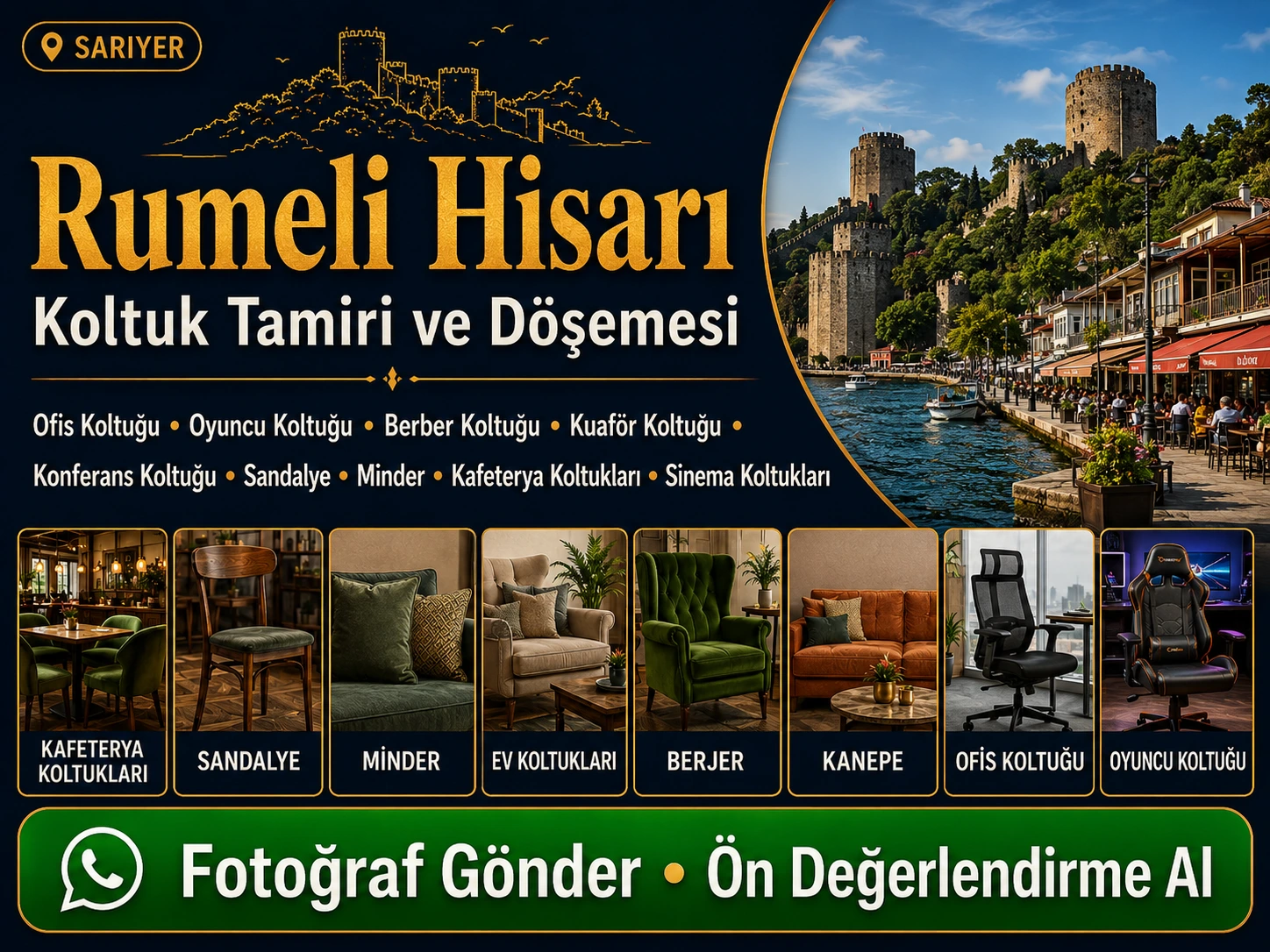 Rumeli Hisarı koltuk tamiri ve döşemesi için kafeterya koltukları, sandalye, minder, ev koltukları, berjer, kanepe, ofis koltuğu ve oyuncu koltuğu yenileme hizmeti