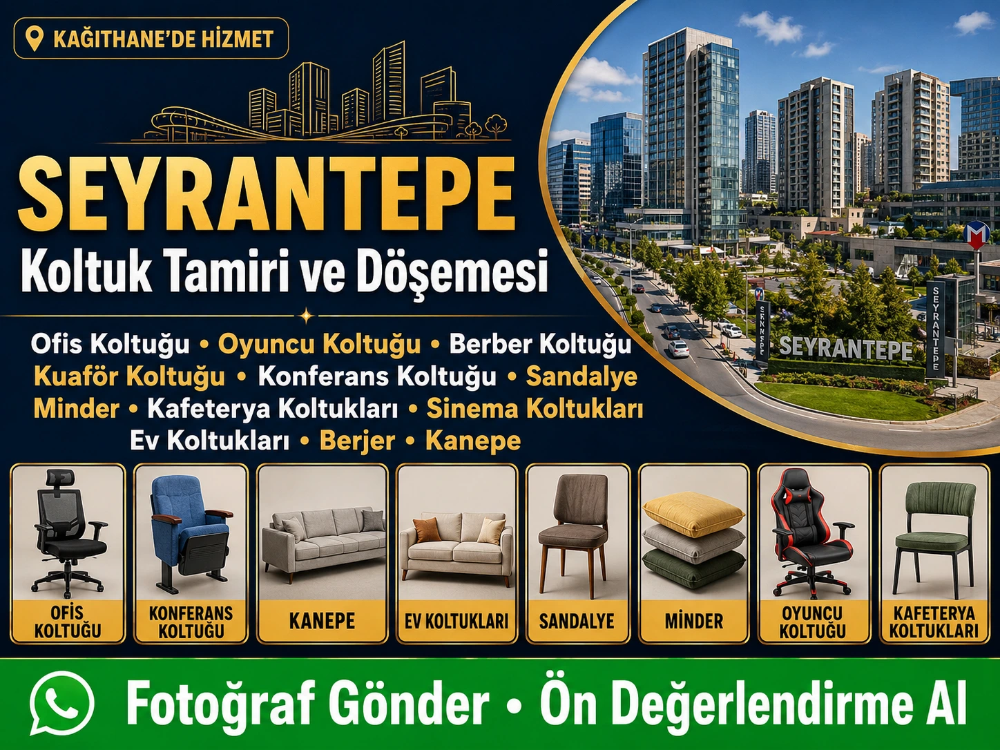 Seyrantepe koltuk tamiri ve döşemesi için ofis koltuğu, konferans koltuğu, kanepe, ev koltukları, sandalye, minder, oyuncu koltuğu ve kafeterya koltukları yenileme hizmeti