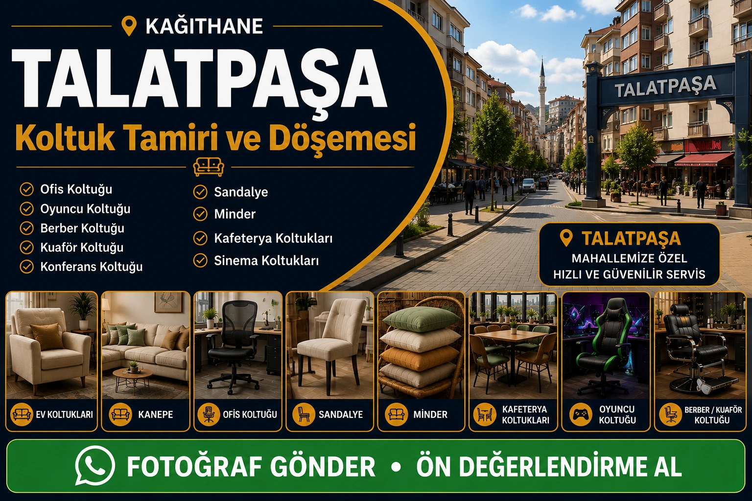 Talatpaşa koltuk tamiri ve döşemesi için ev koltukları, kanepe, ofis koltuğu, sandalye, minder, kafeterya koltukları, oyuncu koltuğu, berber ve kuaför koltuğu yenileme hizmeti