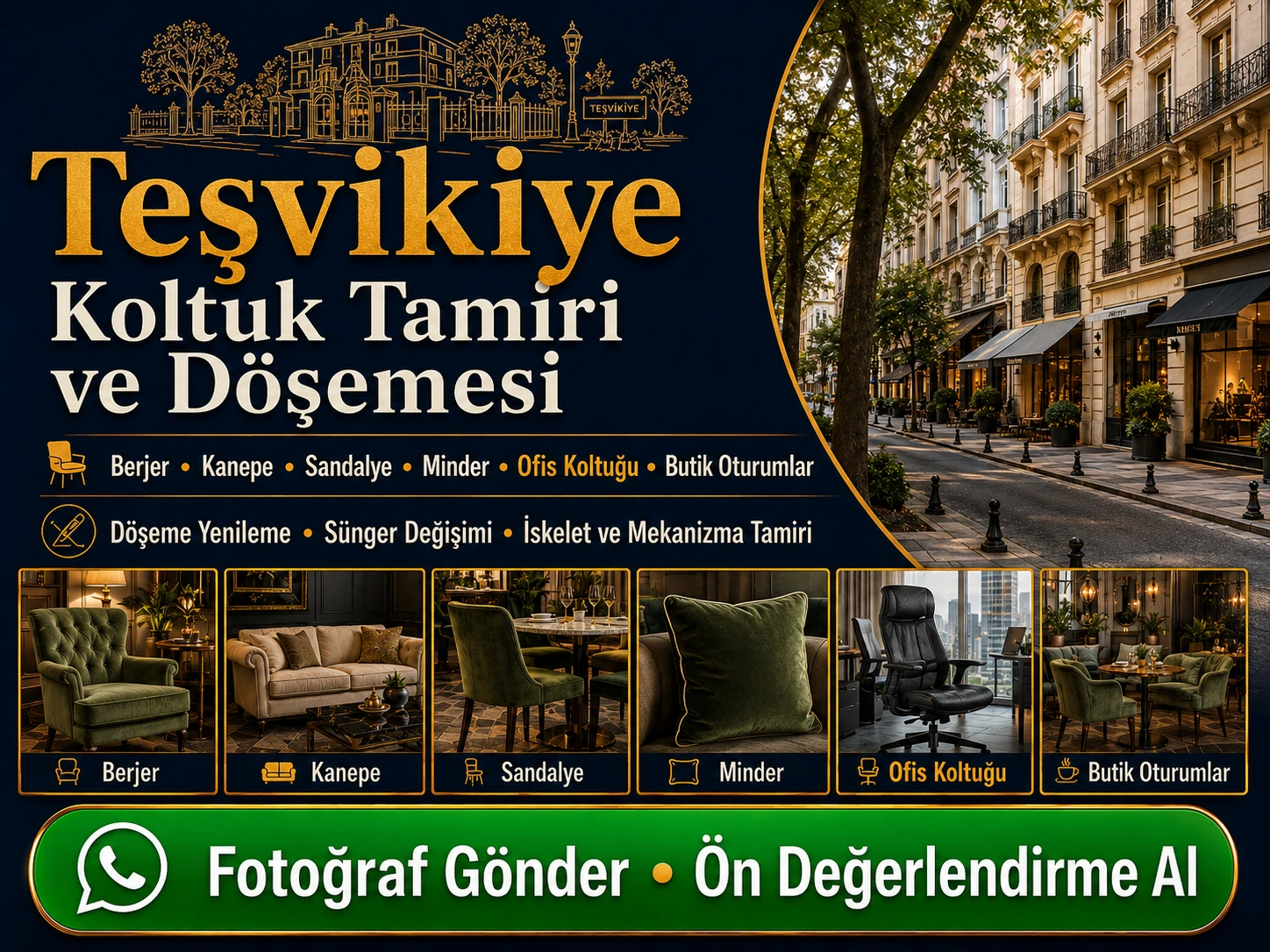 Teşvikiye koltuk tamiri ve döşemesi için berjer, kanepe, sandalye, minder ve ofis koltuğu yenileme hizmeti