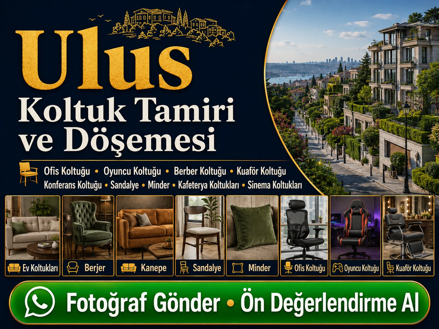 Ulus koltuk tamiri ve döşemesi için ev koltukları, berjer, kanepe, sandalye, minder, ofis koltuğu, oyuncu koltuğu ve özel koltuk yenileme hizmeti