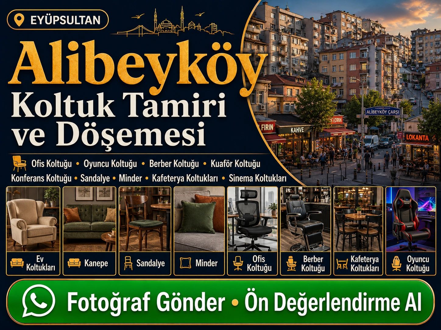 Alibeyköy koltuk tamiri ve döşemesi için ev koltukları, kanepe, sandalye, minder, ofis koltuğu, berber koltuğu, kafeterya koltukları ve oyuncu koltuğu yenileme hizmeti