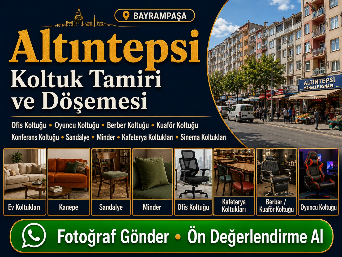 Altıntepsi koltuk tamiri ve döşemesi için ev koltukları, kanepe, sandalye, minder, ofis koltuğu, kafeterya koltukları, berber kuaför koltuğu ve oyuncu koltuğu yenileme hizmeti