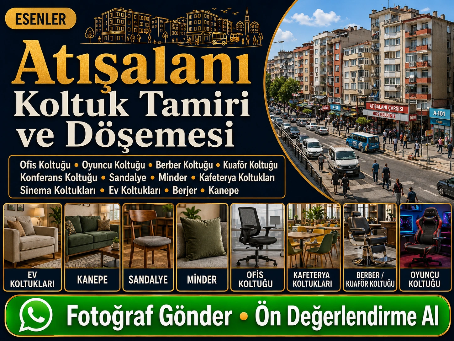 Atışalanı koltuk tamiri ve döşemesi için ev koltukları, kanepe, sandalye, minder, ofis koltuğu, kafeterya koltukları, berber kuaför koltuğu ve oyuncu koltuğu yenileme hizmeti