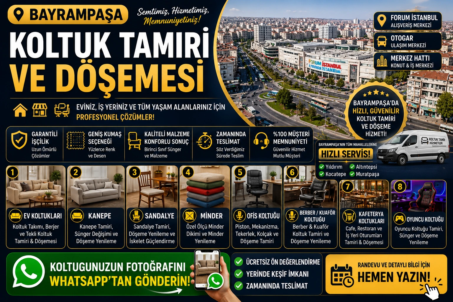 Bayrampaşa koltuk tamiri ve döşemesi için ev koltukları, kanepe, sandalye, minder, ofis koltuğu, kafeterya koltukları, berber kuaför koltuğu ve oyuncu koltuğu yenileme hizmeti