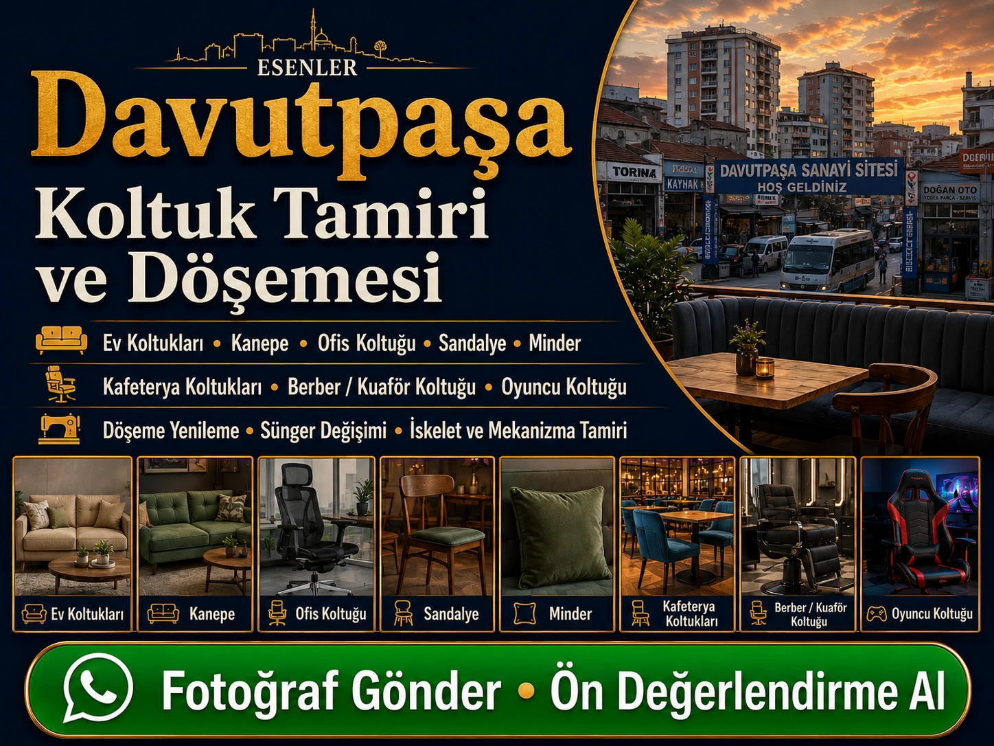 Davutpaşa koltuk tamiri ve döşemesi hizmeti için ev koltukları, ofis koltuğu, kanepe, sandalye, minder ve kafeterya koltukları görsel CTA tasarımı