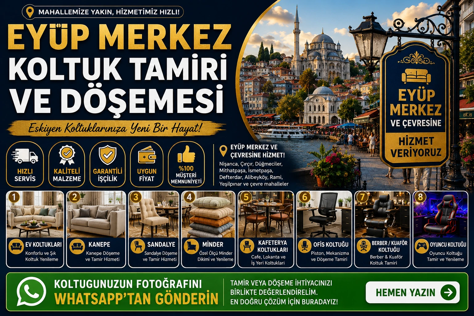 Eyüp Merkez koltuk tamiri ve döşemesi için ev koltukları, kanepe, sandalye, minder, kafeterya koltukları, ofis koltuğu, berber kuaför koltuğu ve oyuncu koltuğu yenileme hizmeti