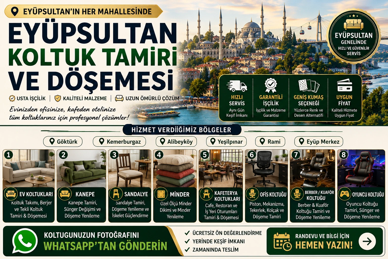 Eyüpsultan koltuk tamiri ve döşemesi için ev koltukları, kanepe, sandalye, minder, kafeterya koltukları, ofis koltuğu, berber kuaför koltuğu ve oyuncu koltuğu yenileme hizmeti