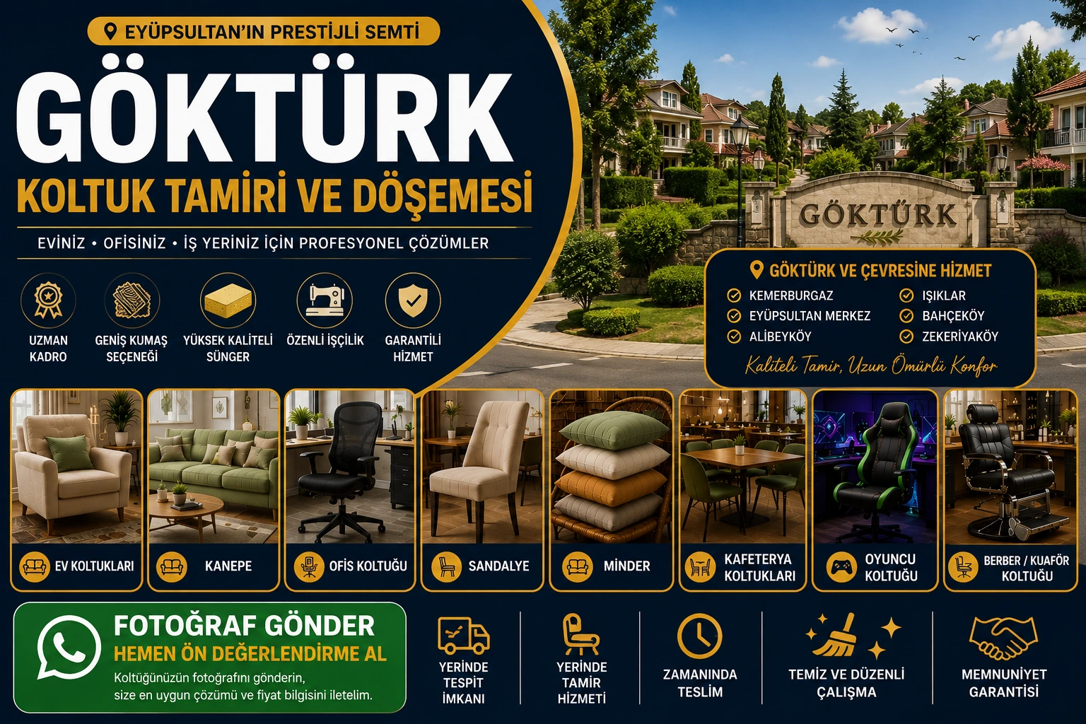 Göktürk koltuk tamiri ve döşemesi için ev koltukları, berjer, kanepe, sandalye, minder, ofis koltuğu, oyuncu koltuğu ve butik yaşam alanlarına uygun yenileme hizmeti