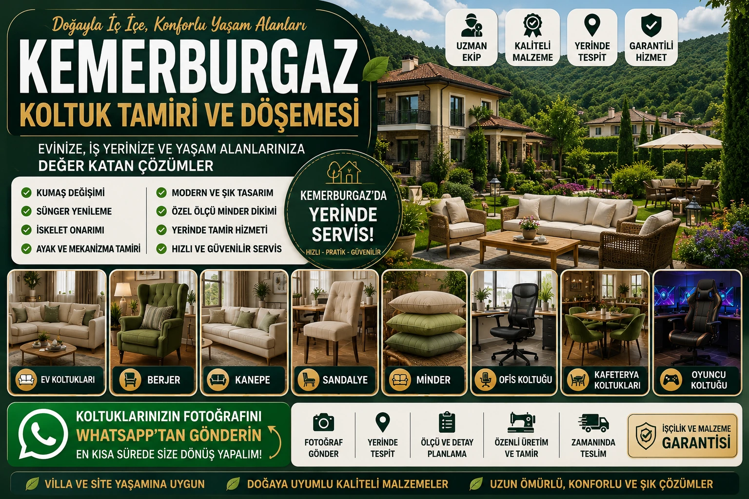 Kemerburgaz koltuk tamiri ve döşemesi için ev koltukları, berjer, kanepe, sandalye, minder, ofis koltuğu, kafeterya koltukları ve oyuncu koltuğu yenileme hizmeti