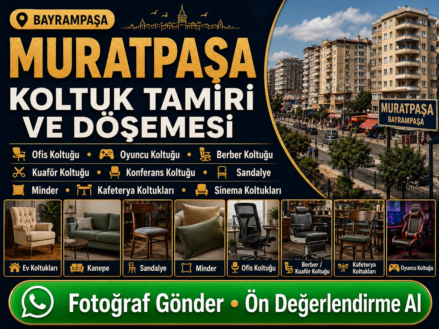 Muratpaşa koltuk tamiri ve döşemesi için ev koltukları, kanepe, sandalye, minder, ofis koltuğu, berber kuaför koltuğu, kafeterya koltukları ve oyuncu koltuğu yenileme hizmeti