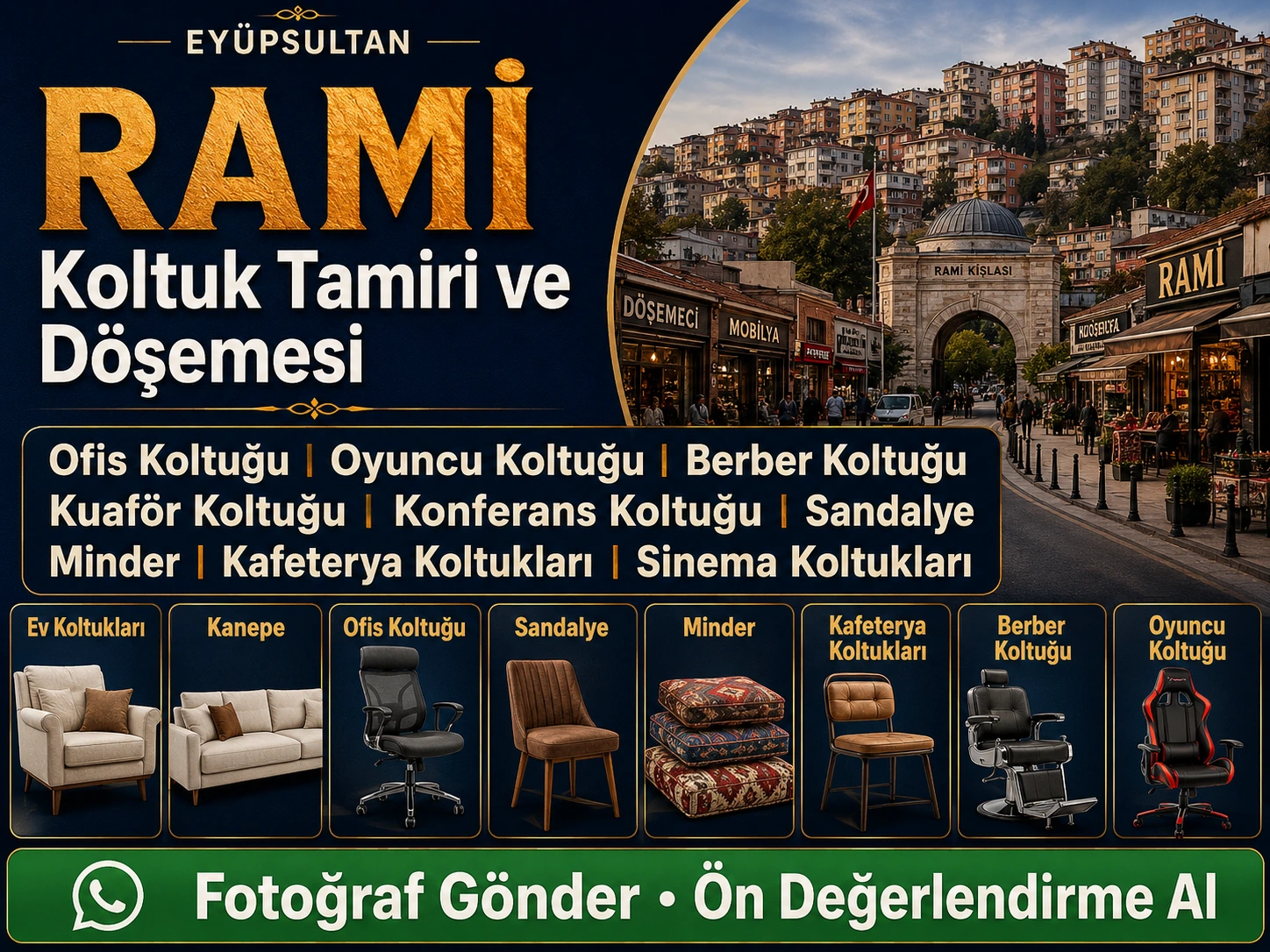 Rami koltuk tamiri ve döşemesi için ev koltukları, kanepe, ofis koltuğu, sandalye, minder, kafeterya koltukları, berber koltuğu ve oyuncu koltuğu yenileme hizmeti