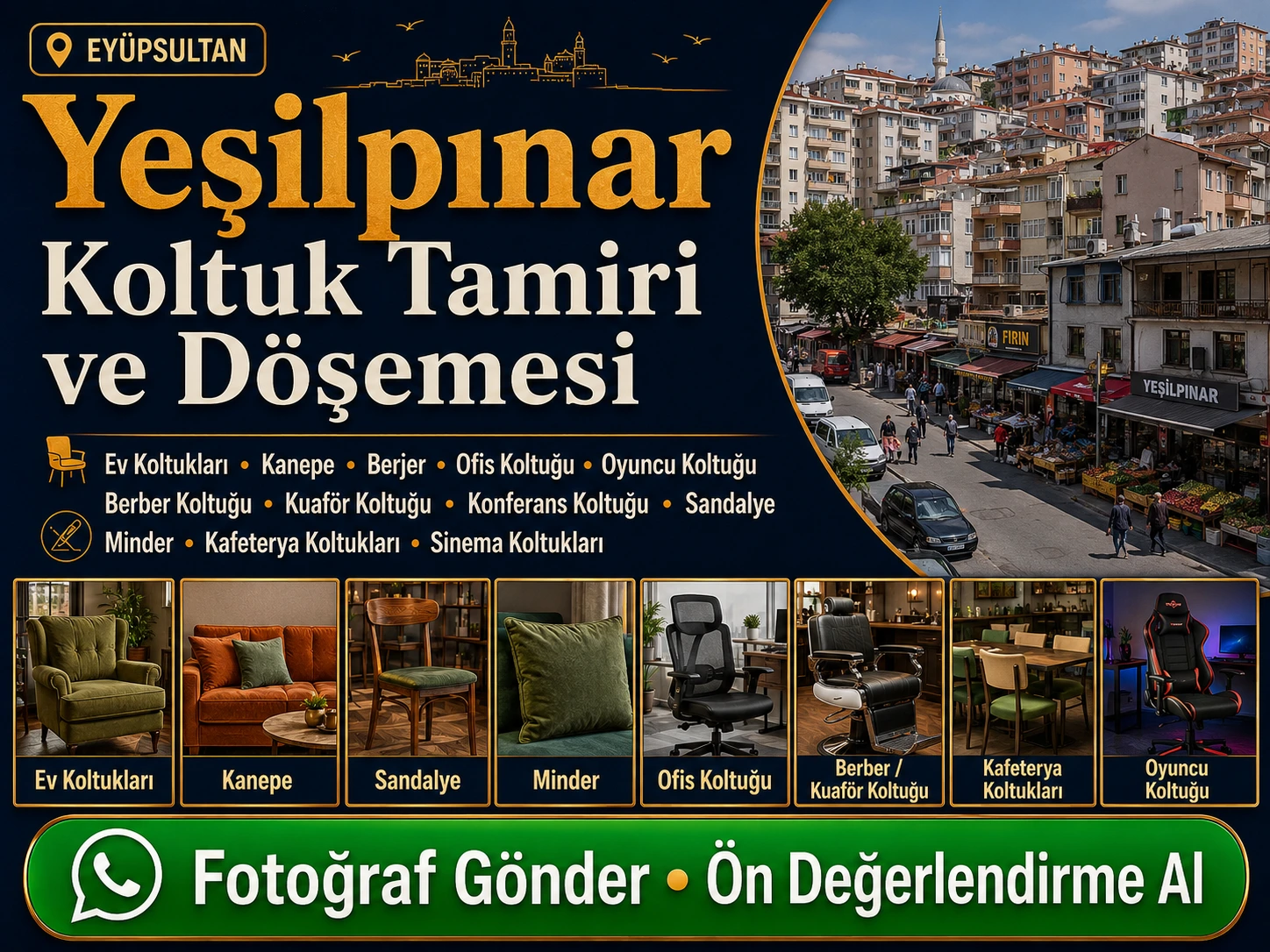 Yeşilpınar koltuk tamiri ve döşemesi için ev koltukları, kanepe, sandalye, minder, ofis koltuğu, berber kuaför koltuğu, kafeterya koltukları ve oyuncu koltuğu yenileme hizmeti