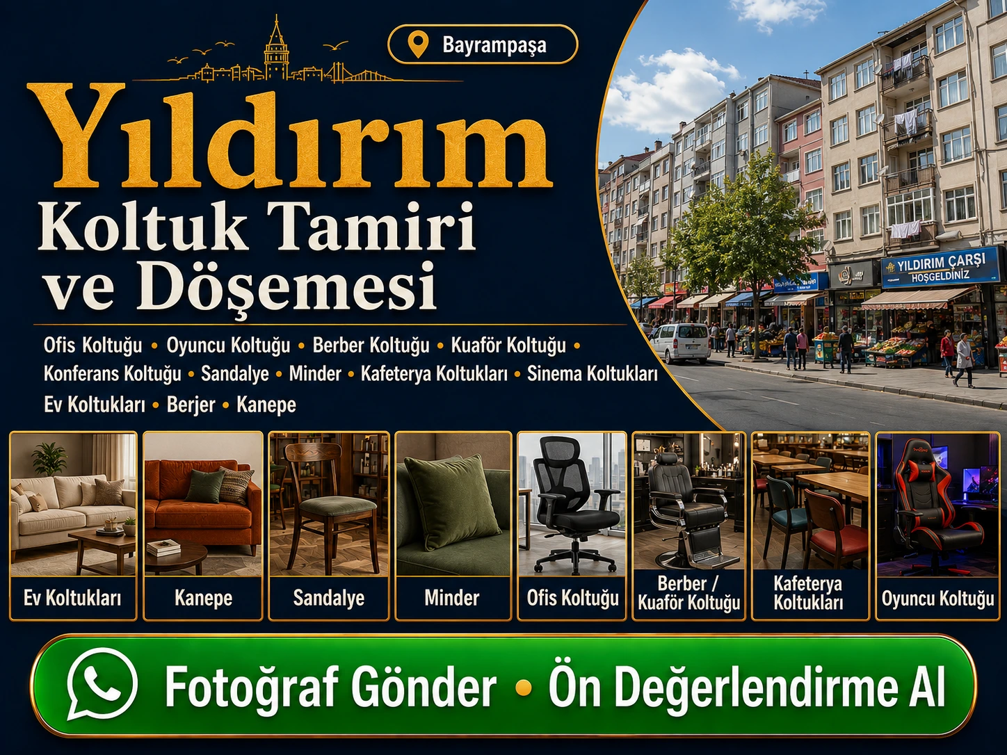 Yıldırım koltuk tamiri ve döşemesi için ev koltukları, kanepe, sandalye, minder, ofis koltuğu, berber kuaför koltuğu, kafeterya koltukları ve oyuncu koltuğu yenileme hizmeti